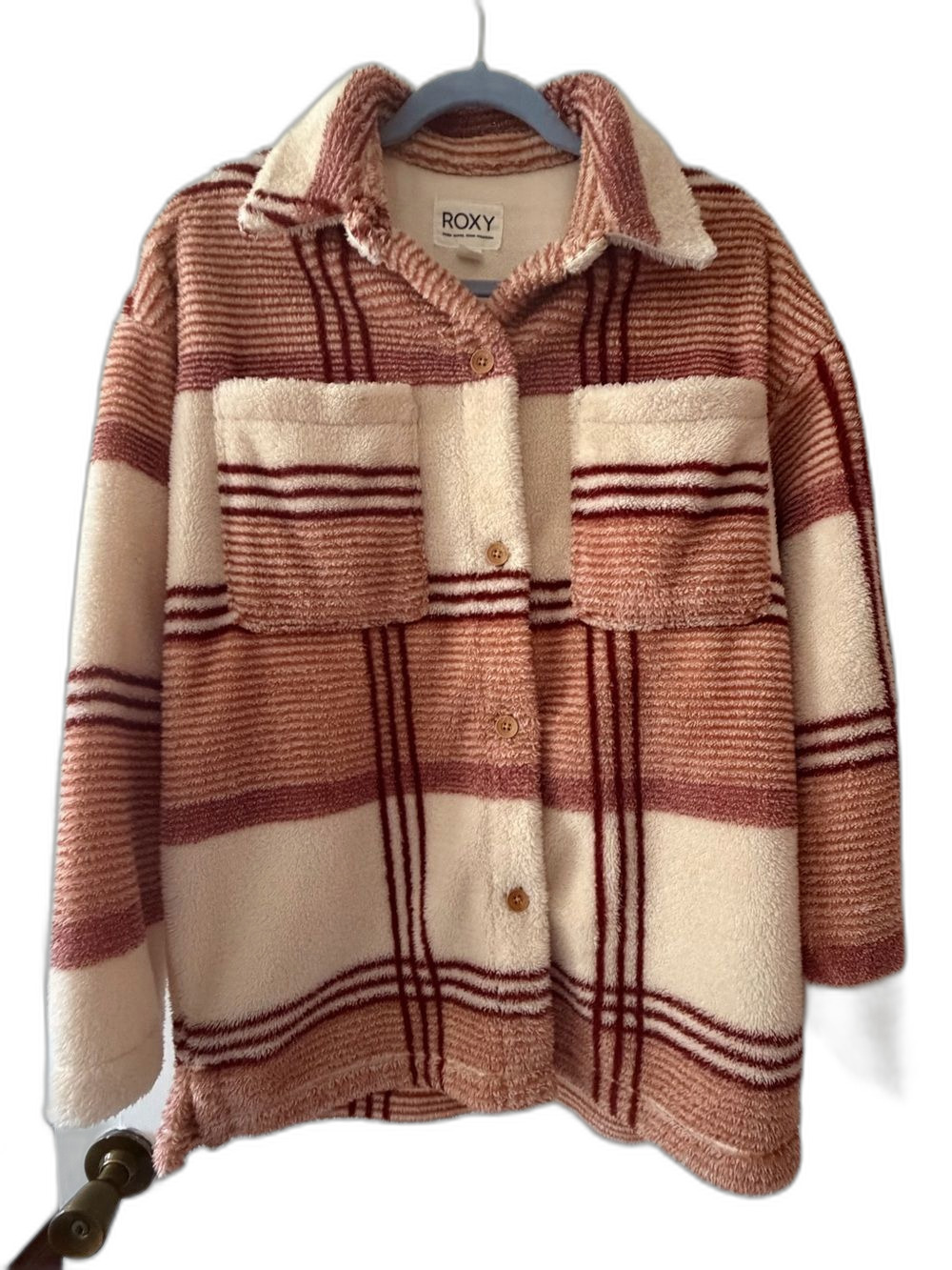 Roxy Plaid Sherpa Fleece Oversized Button Front Shacket Jacket Size S